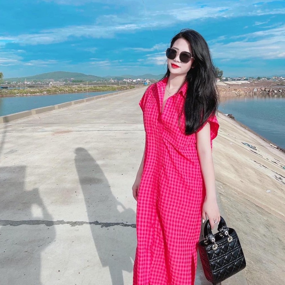 Đầm sơ mi dáng dài thiết kế kẻ caro, Đầm Bầu, Đầm Sơ mi dáng dài chất vải đũi cai cấp kẻ caro mềm mát không nhăn