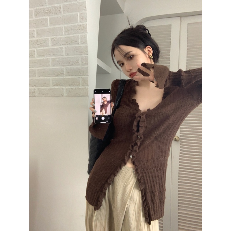 Áo Khoác cardigan Dệt Kim Tay Dài Cổ Chữ V Phong Cách Vintage Dành Cho Nữ