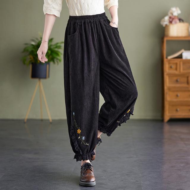 Quần Dài Đến Mắt Cá Chân Dáng Rộng Bằng Vải Nhung Phối Ren Thêu Họa Tiết Thời Trang Cho Nữ