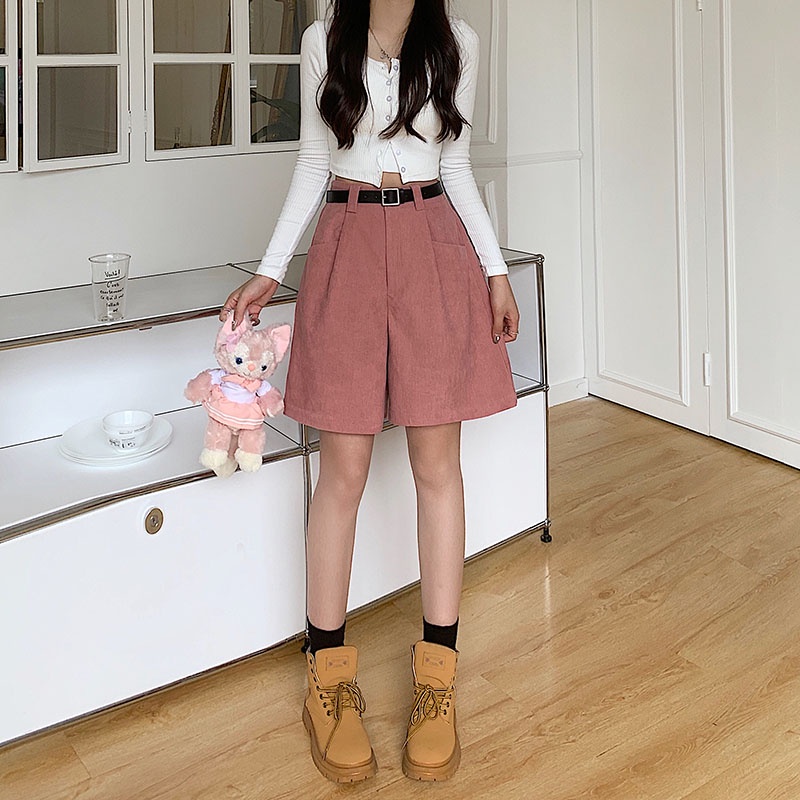 Quần short SUXI nhung kẻ lưng cao dáng rộng thời trang mùa thu cho nữ