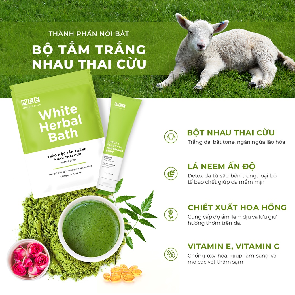 Bộ Thảo mộc tắm trắng X3 nhau thai cừu Mee+ Natural Vietnam sáng da dưỡng thể nhau thai cừu dưỡng da trắng hồng, mềm mịn | BigBuy360 - bigbuy360.vn