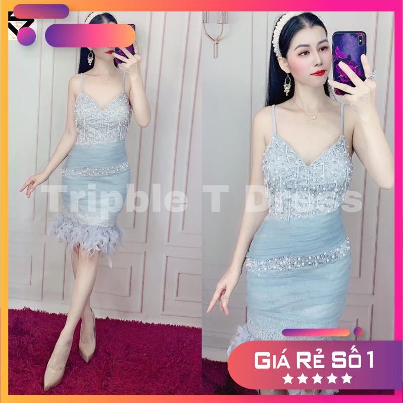 Đầm body 2 dây phối lông tua rua và kết cườm ren lỗ TRIPBLE T DRESS - size S/M/L -MS231Y