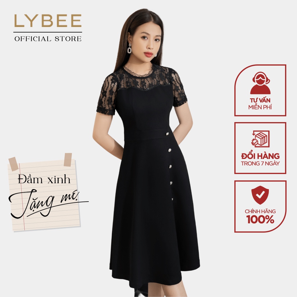 Váy công sở thiết kế LYBEE phong cách thanh lịch chất liệu xước nhung phối ren cao cấp SV562