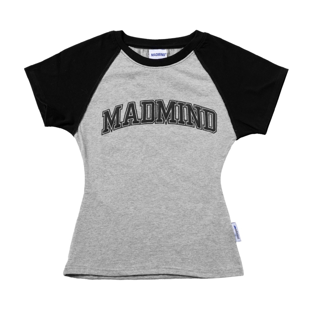 MADMIND® Chính Hãng - Áo Thun Nữ 100% Cotton, Raglan Logo Form Ôm Body Màu Xám Phối Tay Đen | BigBuy360 - bigbuy360.vn