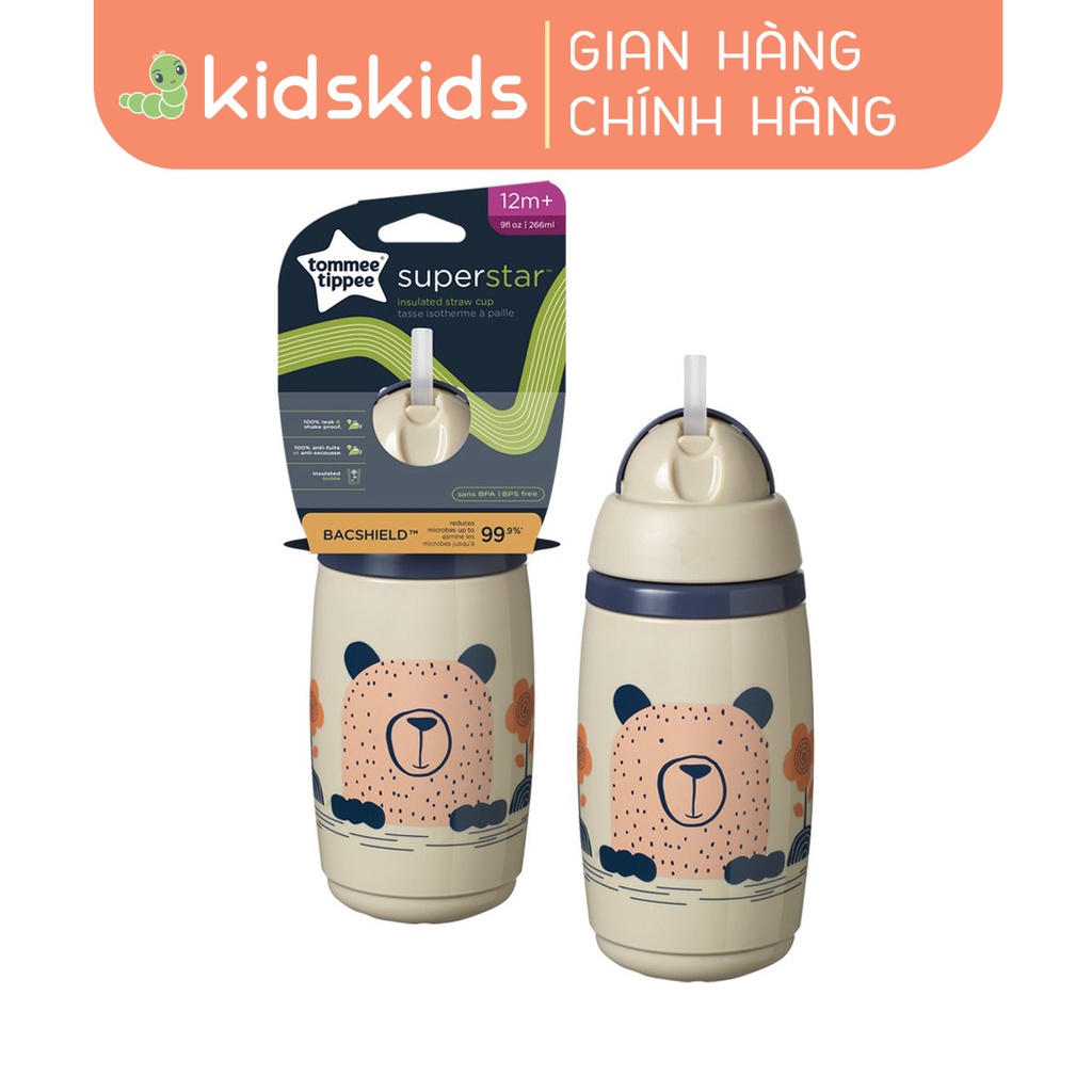 Bình uống nước giữ nhiệt có ống hút kháng khuẩn chống tràn, chống sặc cho bé Tommee Tippee SuperStar – Xám