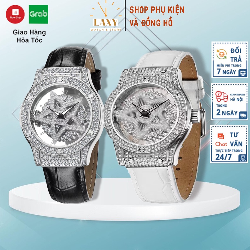Đồng Hồ Nữ Xoay 360 Dây Da Mặt Đính Đá sao Xoay 360 Độ Lấp Lánh DHTX01