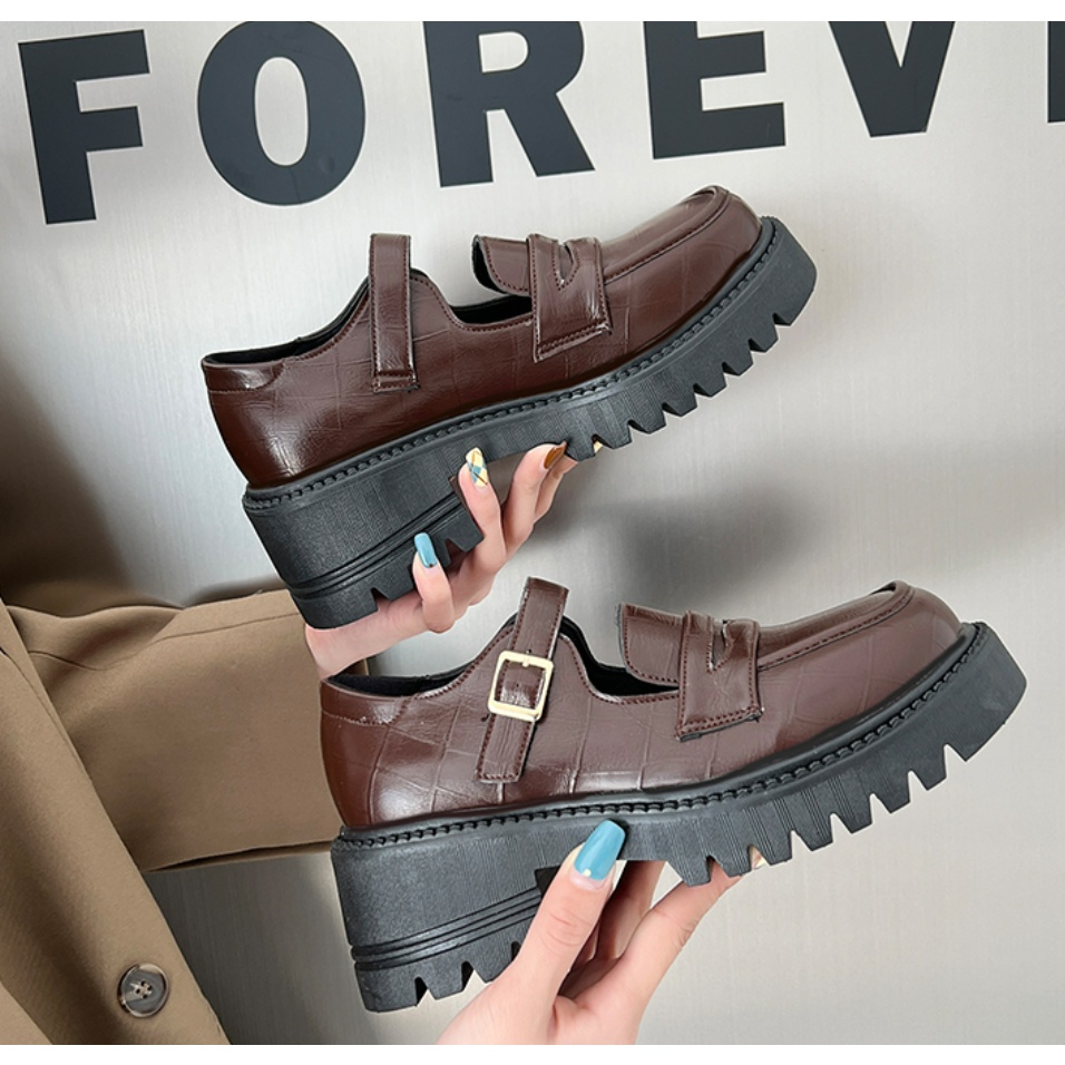 Giày Loafer Nữ Bánh Mì	Đế Cao 5 Phân Mũi Vuông Phong Cách Nhật Bản