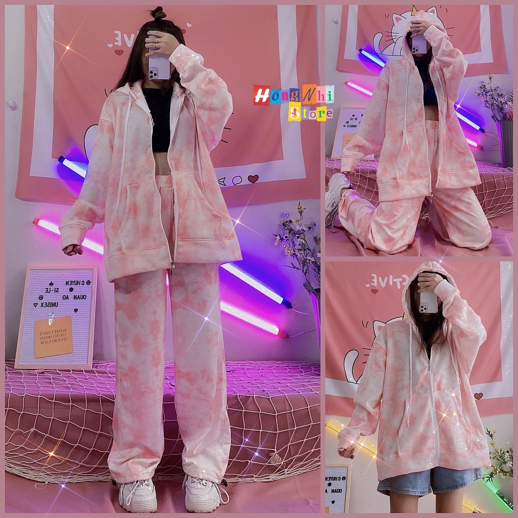 Set Bộ Áo Hoodie Zip Tie Dye Loang Màu Phối Quần Jogger 3D Dây Rút Cao Cấp Oversize Ulzzang Unisex - MM