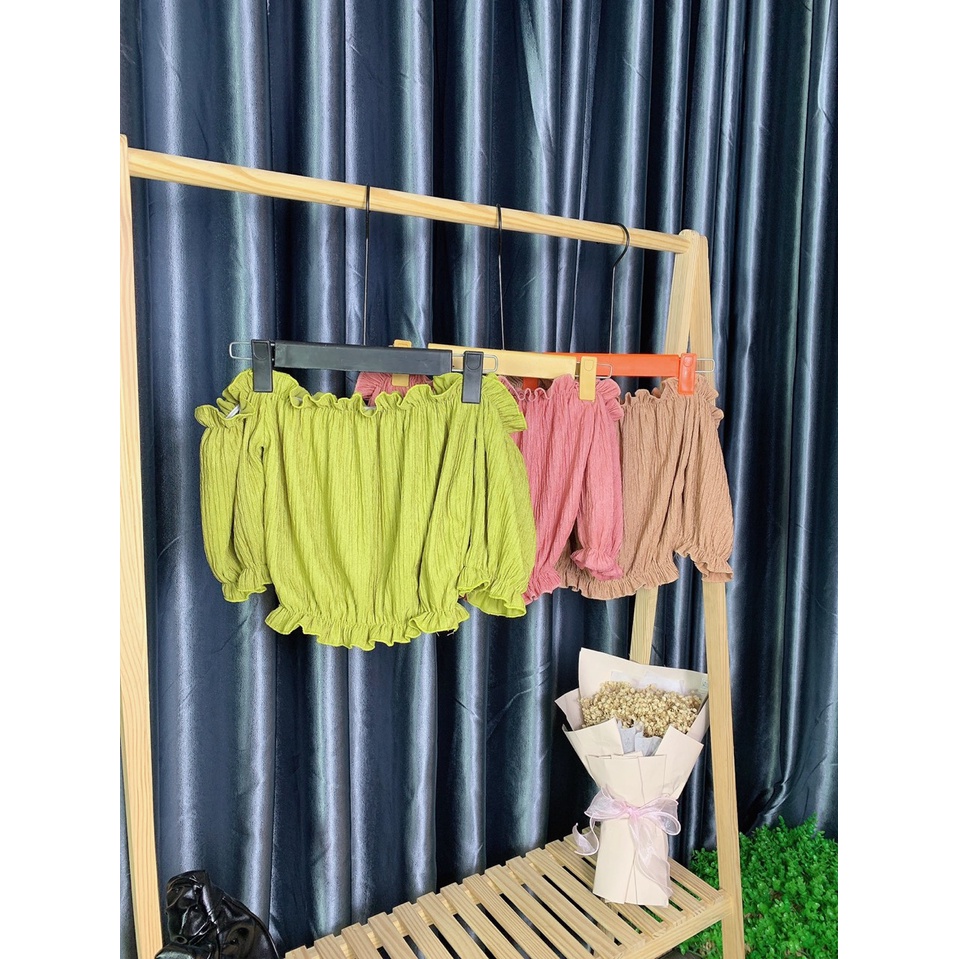 Áo kiểu bẹt vai xốp viền bèo croptop cực xinh , chất xốp mềm mịn