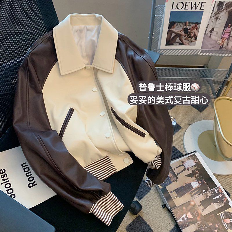Áo Khoác Bóng Chày Bằng Da pu Phối Màu Tương Phản Kiểu Retro Mỹ Thời Trang Mùa Thu 2022