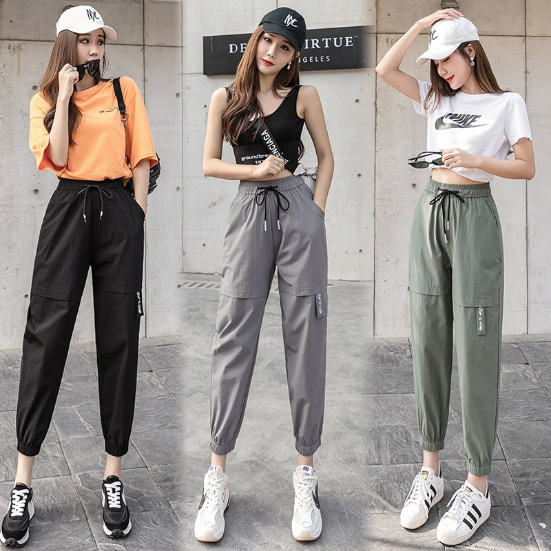 Miễn phí vận chuyển m-3xl dài côn quần chở hàng phụ nữ jogger thể thao phong cách hàn quốc thắt lưng cao màu đen mồ hôi chạy bộ thông thường đi bộ đường dài người phụ nữ chạy bộ cộng với kích thước quần nữ