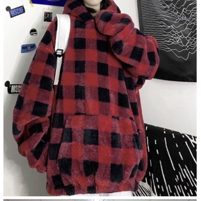 Hoodie Nam Nữu Caro Đỏ Unĩe Dáng Rộng Mũ To Túi Bụng Uzzlang Năng Động Trẻ Trung