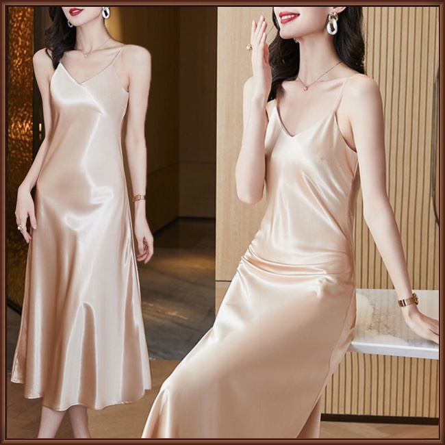 Đầm Satin Không Tay Cổ Chữ V Màu Sắc Trơn Thời Trang Dành Cho Nữ