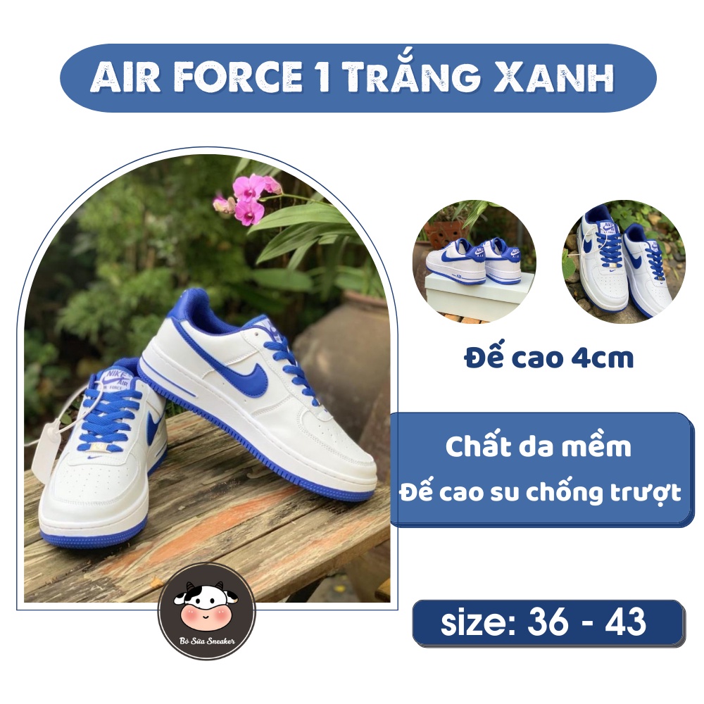 Giày sneaker thể thao af1 Trắng Xanh logo thêu xanh, giày Air Force nam nữ bản đẹp phong cách trẻ trung - Bò Sữa Shop