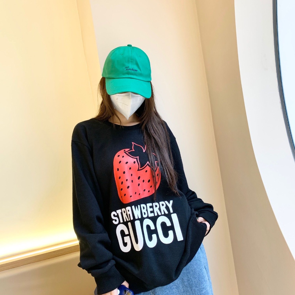 Áo Sweater Tay Dài Dáng Rộng In Logo Gucci Và Dâu Tây Thời Trang Cho Nam Và Nữ