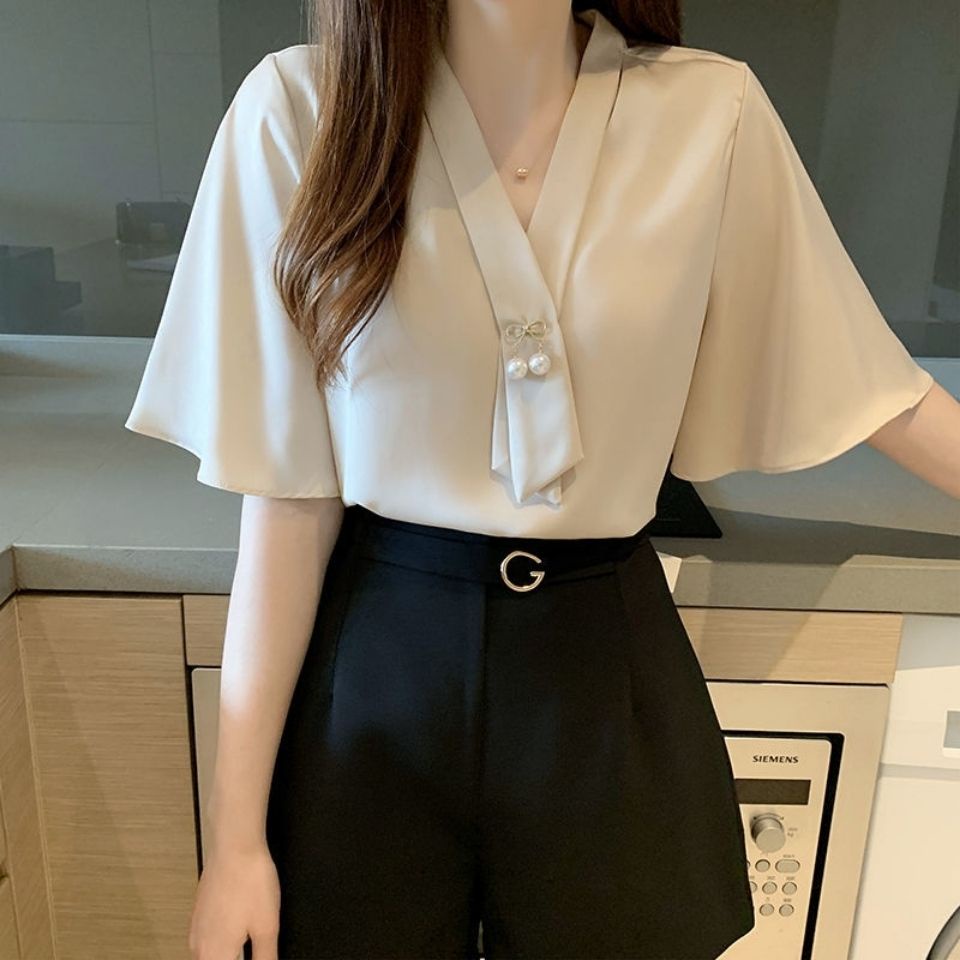 Áo Sơ Mi Chiffon Tay Lửng Cổ Chữ V Dáng Rộng Phong Cách Hàn Quốc Dành Cho Nữ
