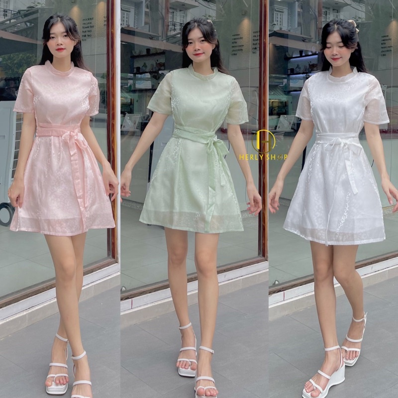 ĐẦM CỔ TRÒN THẮT EO CHÉO NƠ HOA BEO