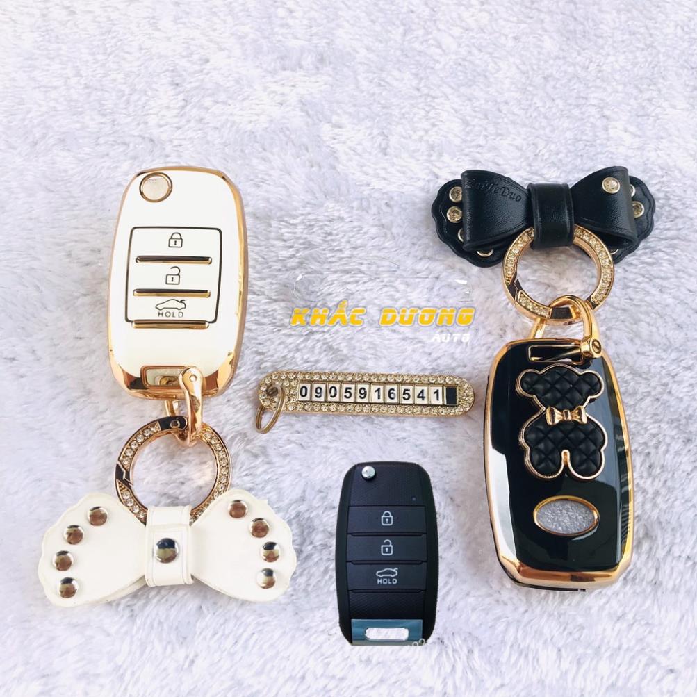 Ốp chìa khoá gập Kia Morning Seltos Cerato TPU 3 nút đính đá nhân tạo cao cấp sang trọng