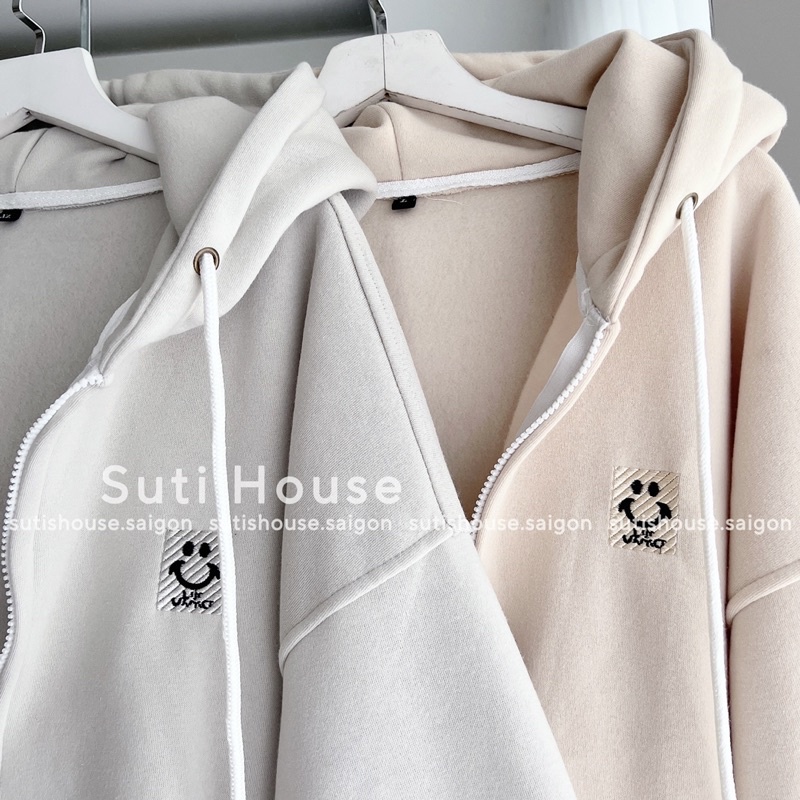 [ẢNH THẬT-CÓ SẴN] Áo Hoodie Zip Thêu icon Unisex Màu Tan Ghi và Tan Be Tay Bồng Form Rộng - Suti House | BigBuy360 - bigbuy360.vn