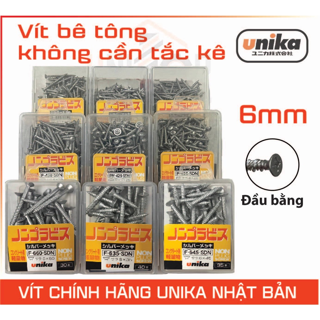 Ốc vít bắt tường không cần tắc kê Unika, bê tông  phi 6mm  đủ kích thước, loại tốt, dể sử dụng
