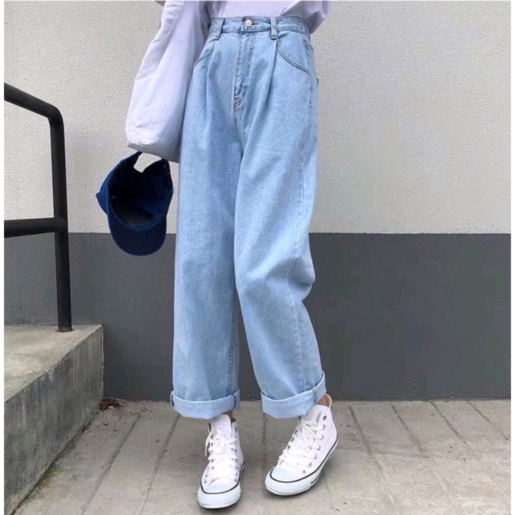 Quần Jean nữ ống rộng, lưng cao phong cách Retro Jean xanh, xanh nhạt, xám khói