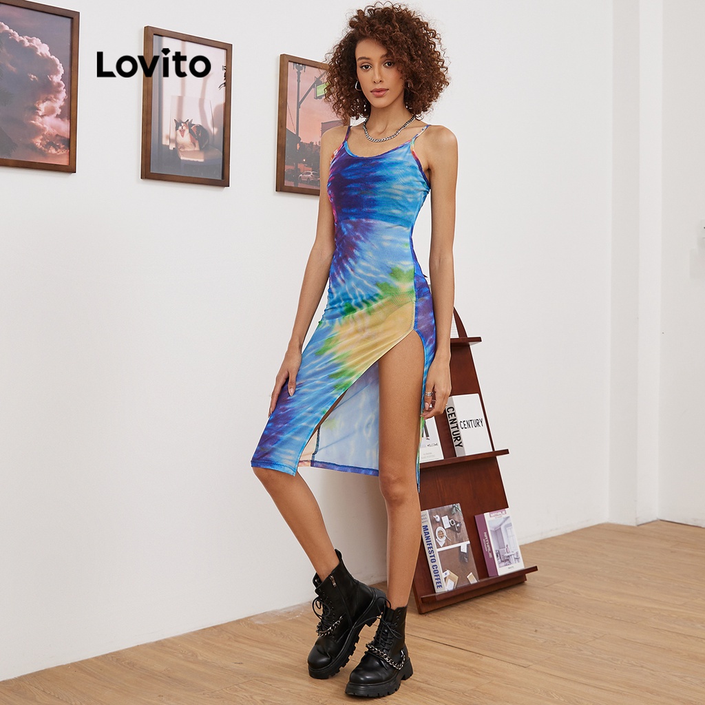 Đầm Lovito hai dây nhuộm màu loang xẻ tà đến đùi phong cách thường ngày L19E55 (Có màu)