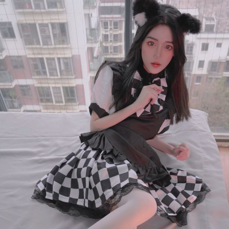 [CÓ SẴN]_Bộ đầm Lolita maid ngắn người hầu kẻ caro đen trắng