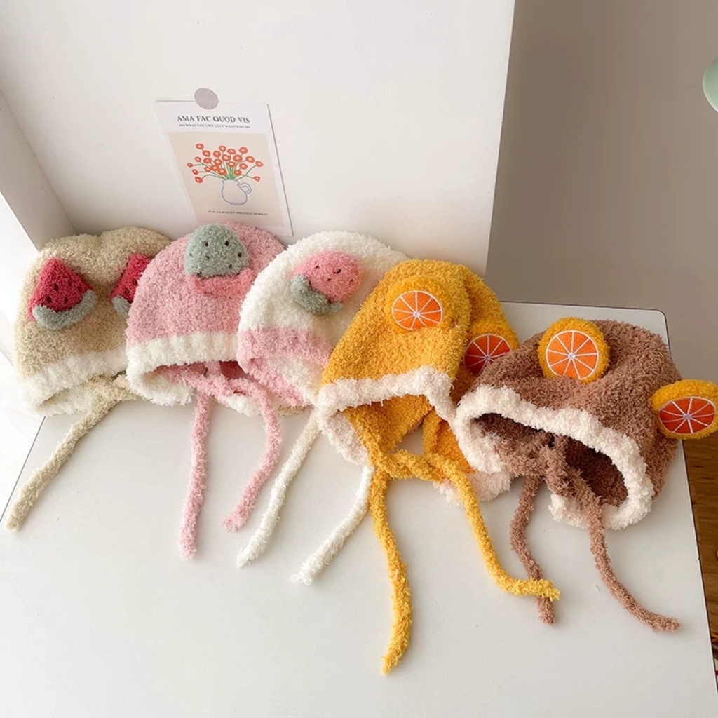 Mũ Len Cho Bé Hình Hoa Quả Có Dây Buộc 6-36 Tháng