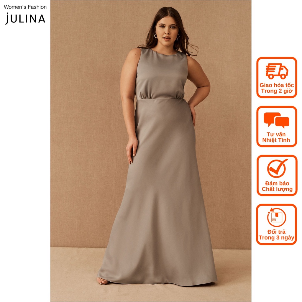 Đầm maxi satin sát nách satin xám sang trọng dự tiệc Julina jf218 - Bigsize 16