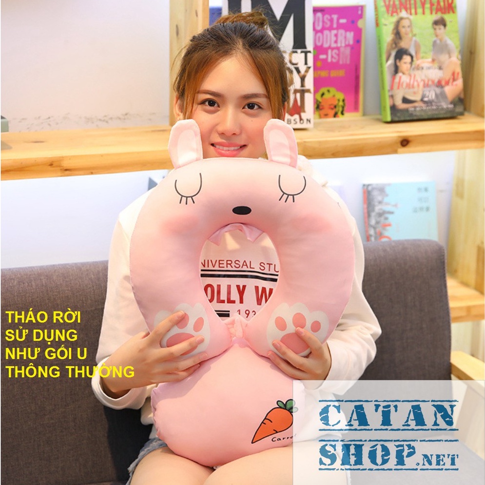 Gối kê Cổ Chữ U đa năng 3 trong 1 có thể tháo rời, gối kê đầu ngủ trưa văn phòng có ủ tay, đi tàu xe du lịch nỉ nhung