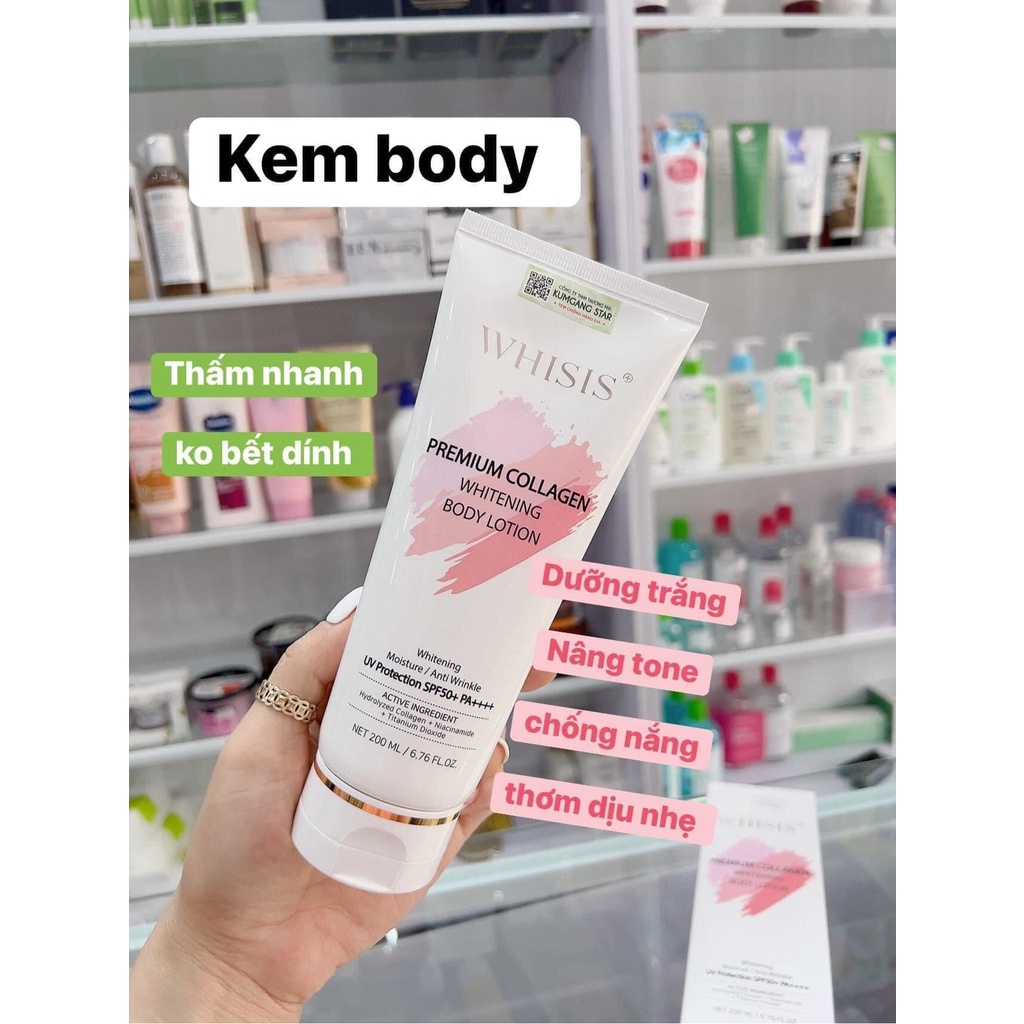 Kem dưỡng thể trắng da nâng tone chống nắng Whisis Premium Collagen Whitening Body Lotion Hàn Quốc 200ml