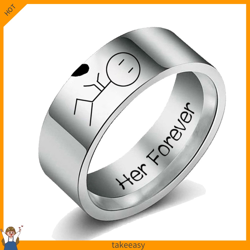 Nhẫn cặp đôi bằng thép không gỉ họa tiết hoạt hình chữ Her Forever/ His Always