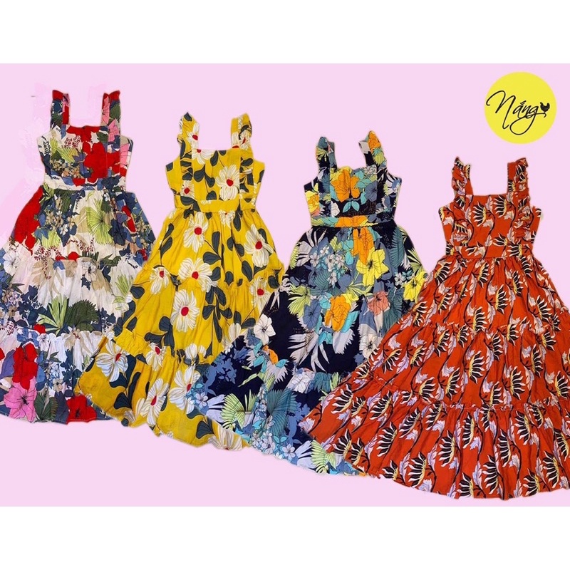 Váy maxi hoa nhí cổ vuông cánh tiên thời trang, váy đi biển, váy đi chơi xinh xắn