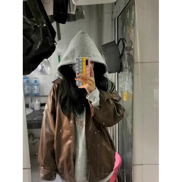 Áo khoác da trơn dáng bomber unisex