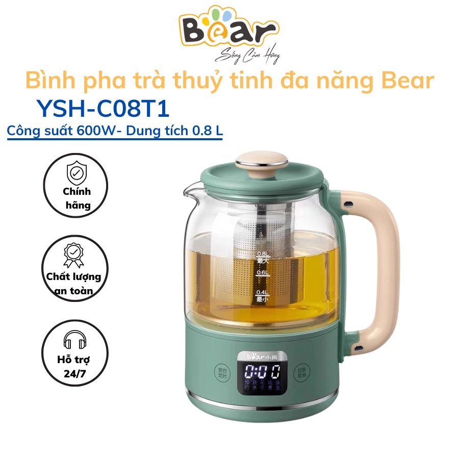 Bình pha trà thuỷ tinh đa năng Bear YSH-C08T1 cảm ứng nhiệt, đun sôi nhanh