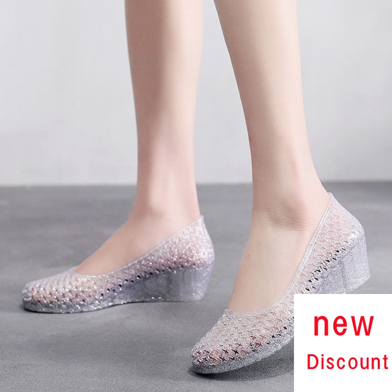 Giày Sandal Cao Gót Nhựa Pha Lê Đế Xuồng Mềm Mại Thoáng Khí Thời Trang Đi Biển Mùa Hè Hàn Quốc Cho Nữ