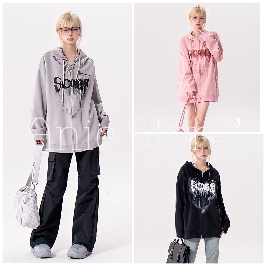 Áo Hoodie Zip Nỉ In Hình Nơ 🦋 Áo Khoác Nỉ Dáng Rộng 3 Màu 🦋
