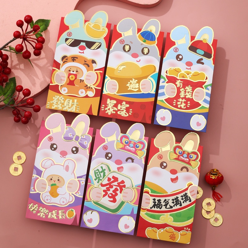 Set 6 Bao Lì Xì Đỏ Họa Tiết Thỏ Dễ Thương Dành Cho Năm Mới