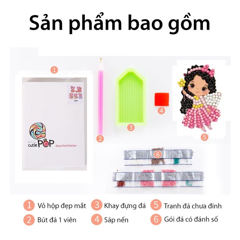 Bộ sticker đính đá trang trí, tranh đính đá mini nhỏ cho bé, tranh đá tự đính tự làm hình công chúa đẹp mắt