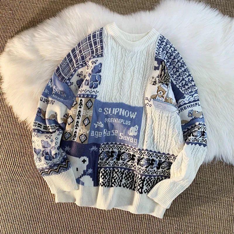 Áo len dài tay hai màu, hoạ tiết gấu giáng sinh