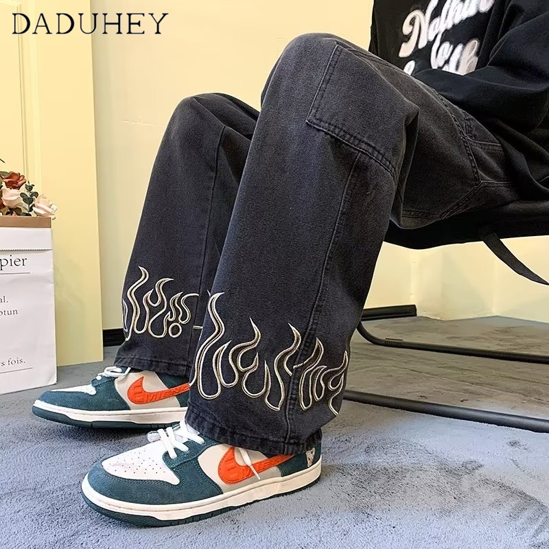 DaDuHey Men's American High Street Oversize Casual Pants Ins Fashion Brand Autumn Loose Straight Jeans