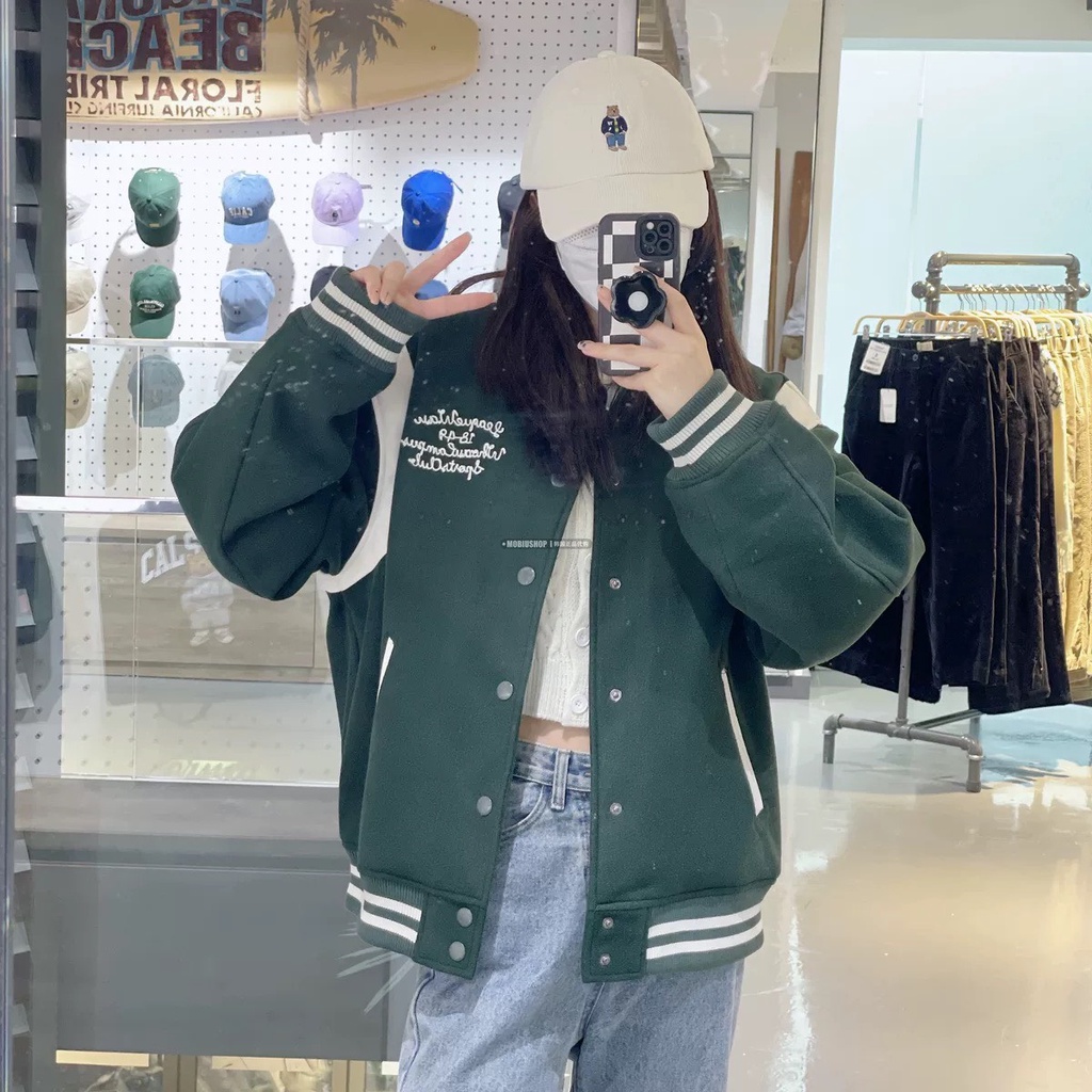 Áo khoác bomber thể thao nam nữ unisex- áo khoác bóng chày varsity cổ bẻ màu xanh lá chất dạ 2 lớp dày thêu chữ hàn quốc