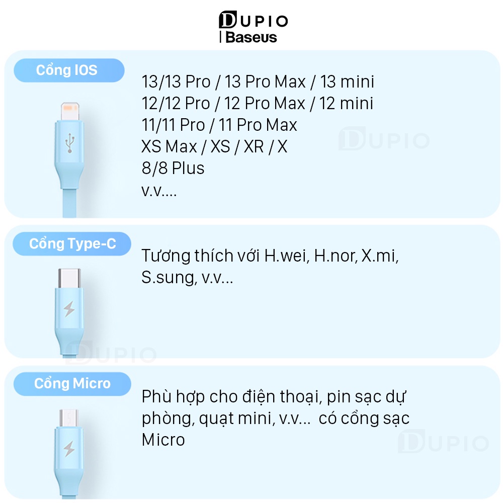 Cáp sạc 3 đầu DUPIO Baseus DS06 USB dây type c sạc nhanh đa năng gọn dễ cất giữ