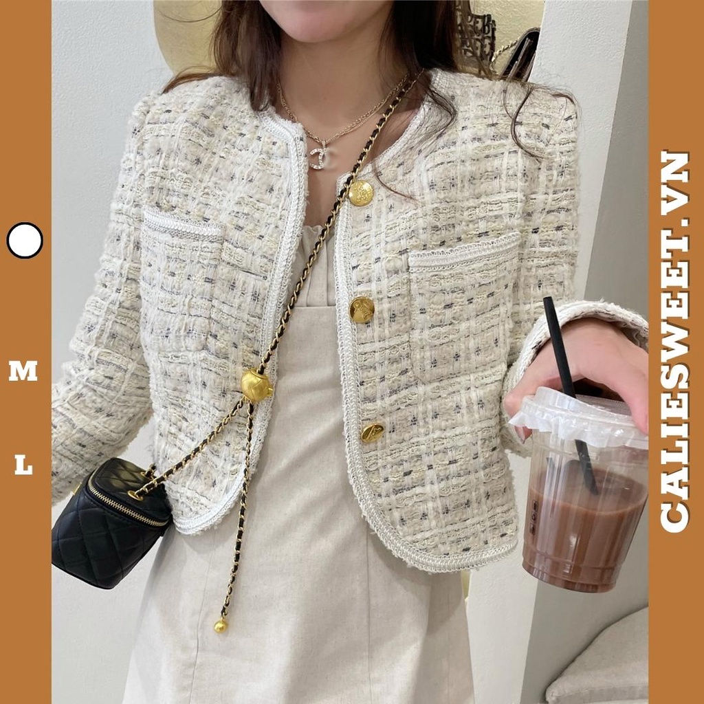 Áo dạ tweed dáng ngắn Caliesweet áo khoác dạ tweed Quảng châu chất dệt tổng hợp dày dặn