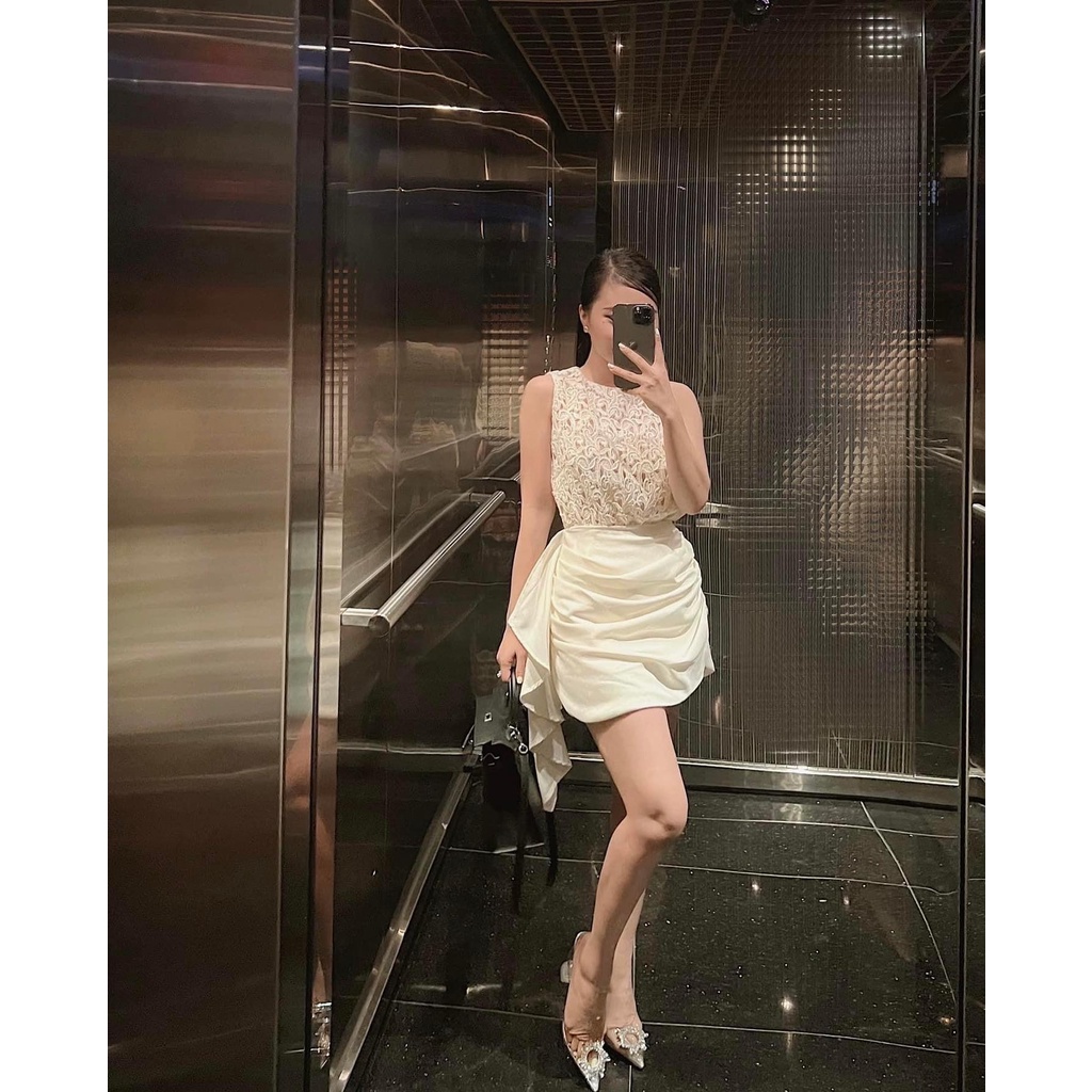 ZUKY CLOTHING - Sét ren màu nude chân váy nhún bên hông phù hợp tiệc dạo phố