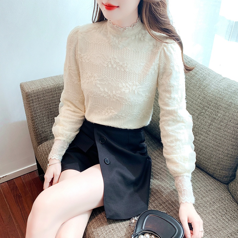 Áo Ren Lưới Tay Phồng Cổ Đứng Phong Cách Phương Tây Thời Trang Mùa Đông Cho Nữ