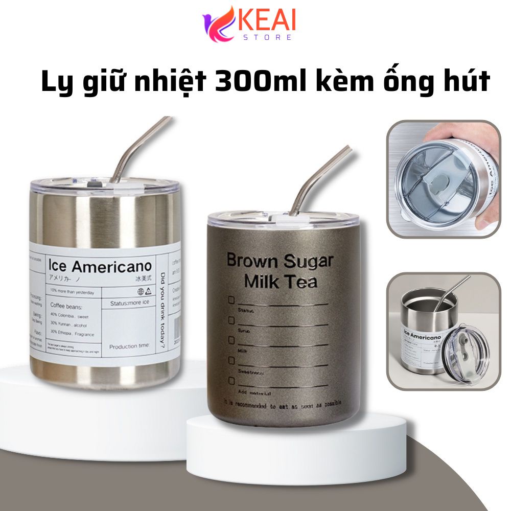 Ly giữ nhiệt 300ml chất liệu inox 304 đúc có nắp đậy gioăng silicon trống chàn tặng kèm ống hút Inox sang xịn mịn