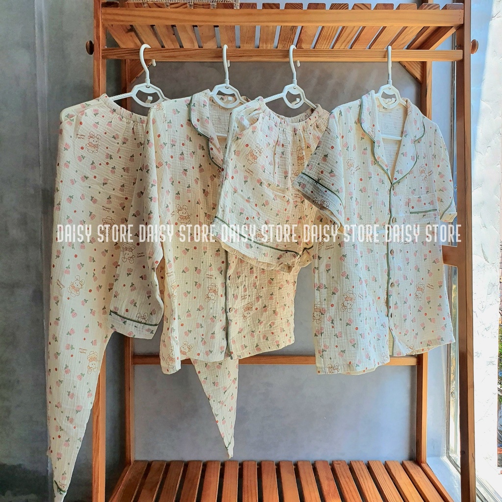 Pyjama mặc nhà vải xô muslin họa tiết hoa hồng thỏ