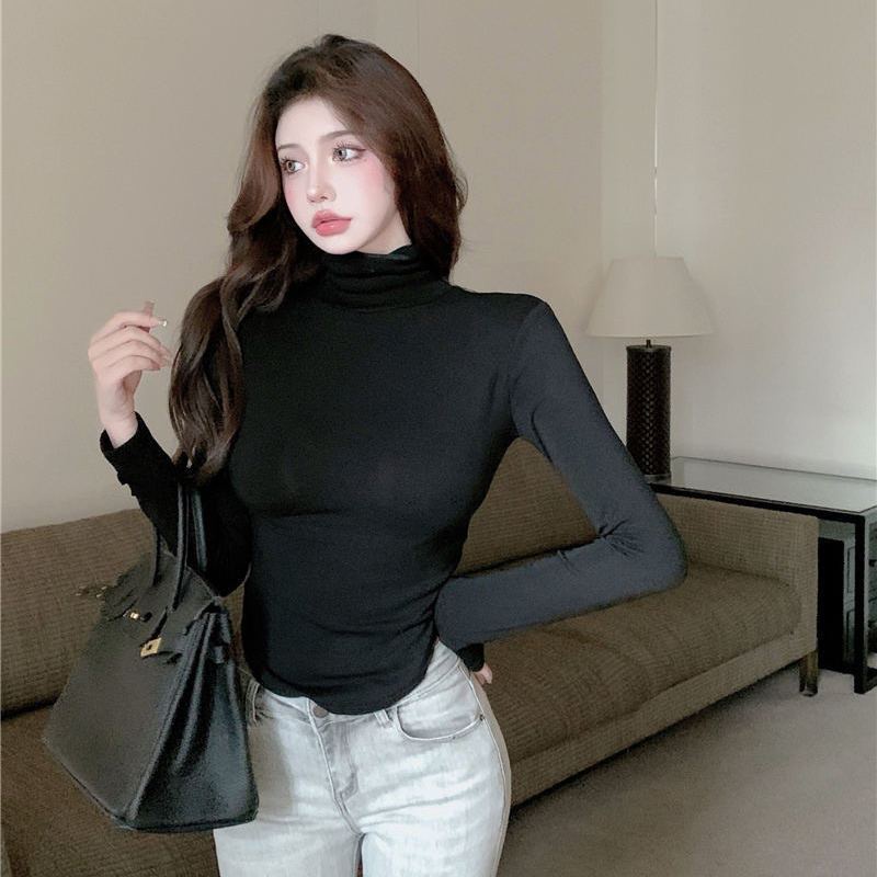 JSC Jiashucheng Áo Thun Tay Dài Cổ Cao Ôm Dáng Gợi Cảm Phong Cách Mới Mùa Đông Cho Nữ