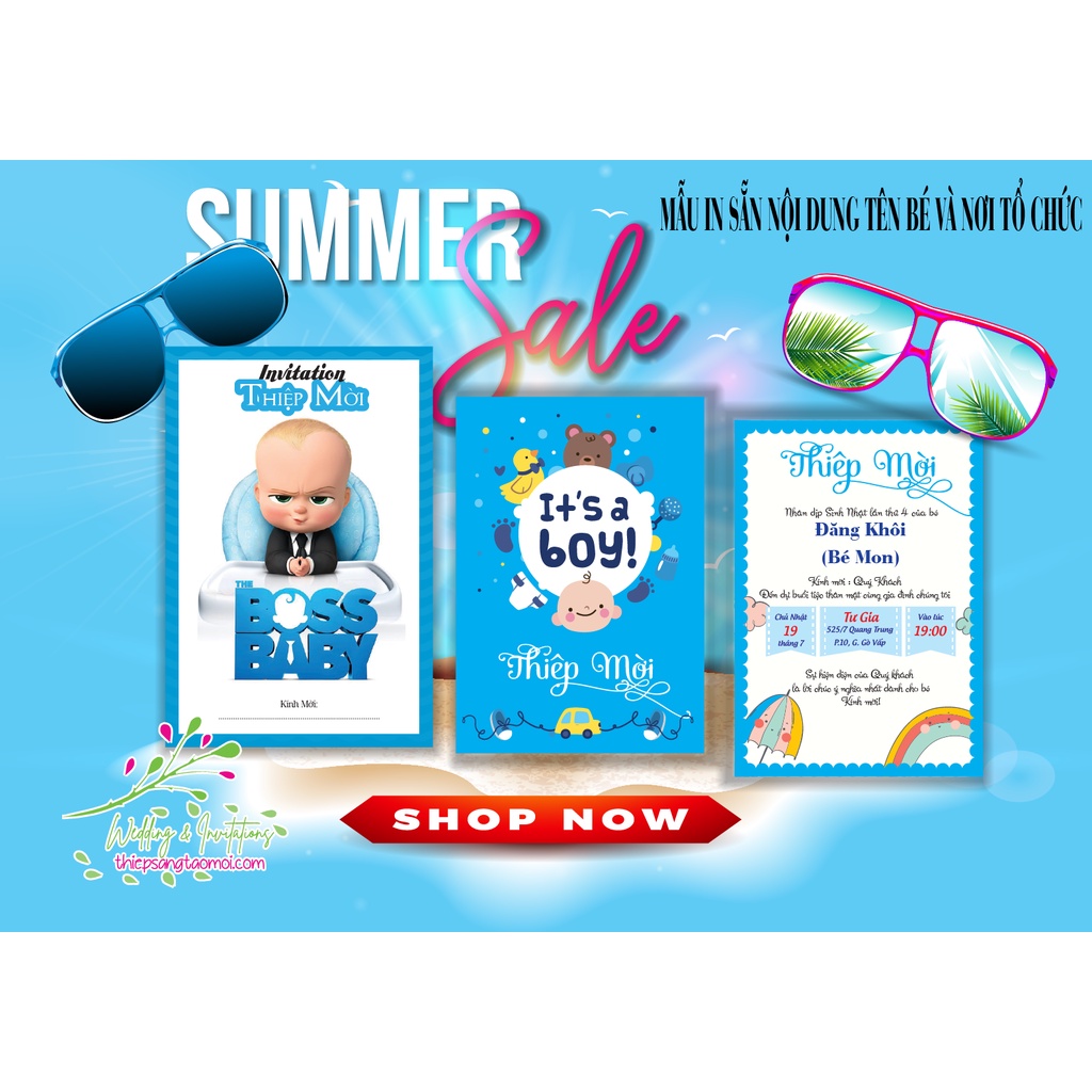 Combo 100 thiệp mời thôi nôi, sinh nhật bé trai nhóc trùm in sẵn nội dung tên và tiệc